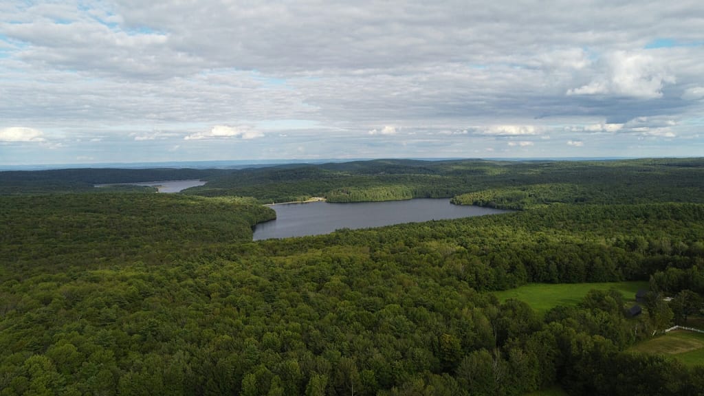 Aerial view of woods and Otis Reservoir in Blandford, Massachusetts.